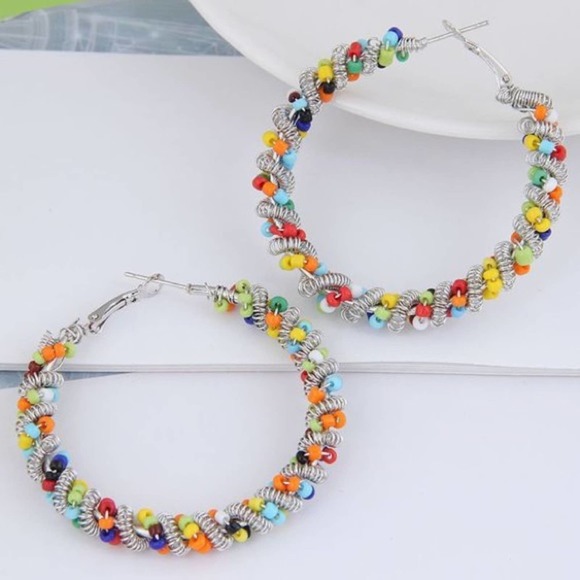 Metal & Multi-Colored Rice Bead Weaving Hoops - Picture 3 of 6